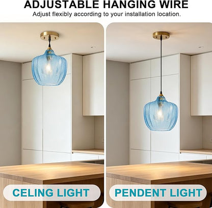 Modern Gold Pendant Light, Blue Glass Farmhouse Kitchen Island Pendant Light Fixture Adjustable Vintage Hanging Ceiling Light for Dining Room Corridor 9.45 inch 1 Pack, UL Certification