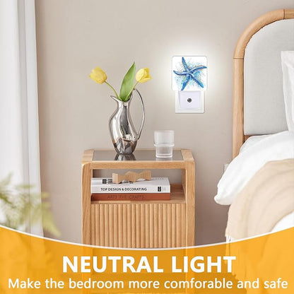 Watercolor Starfish Night Light, Plug-into Sea Beach Nightlight White LED Lamp, Energy Efficient Decor Desk Lamp for Bedroom Hallway Stairs Bathroom