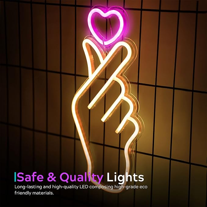 Finger Heart Neon Signs - Heart Thumb South Korean Novelty LED Neon Light for K-pop & K-drama Fans - Korean Saranghae Love Cute Symbol for Wall, Bedroom, Game Room Decor