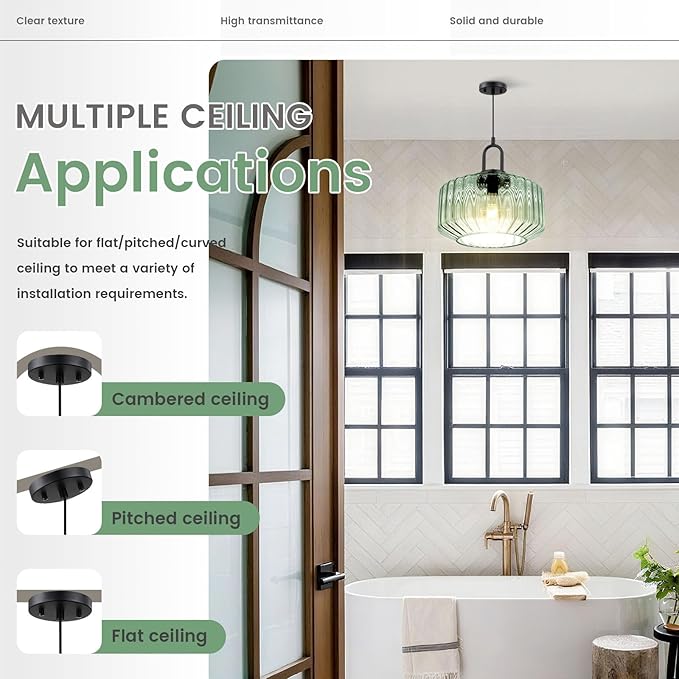 2-Lights Modern Hanging Light Green Pendant Light Fixtures Mid Century Large Glass Pendant Lights 11" Striped Glass Shade Black Schoolhouse Kitchen Sink Ceiling Hanging Lamp Fixture