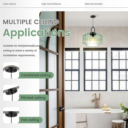 2-Lights Modern Hanging Light Green Pendant Light Fixtures Mid Century Large Glass Pendant Lights 11" Striped Glass Shade Black Schoolhouse Kitchen Sink Ceiling Hanging Lamp Fixture