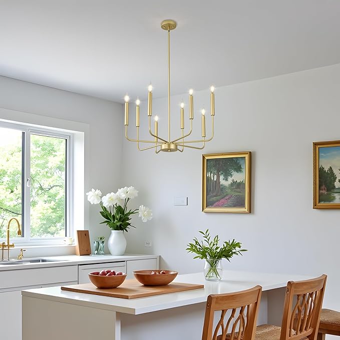 WOKNOS Modern Gold Farmhouse Chandeliers, 8-Light Industrial Metal Chandelier Lighting, Classic Candle Hanging Pendant Light Fixtures for Kitchen Bedroom, Dining Room, Living Room,Foyer