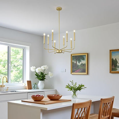 WOKNOS Modern Gold Farmhouse Chandeliers, 8-Light Industrial Metal Chandelier Lighting, Classic Candle Hanging Pendant Light Fixtures for Kitchen Bedroom, Dining Room, Living Room,Foyer