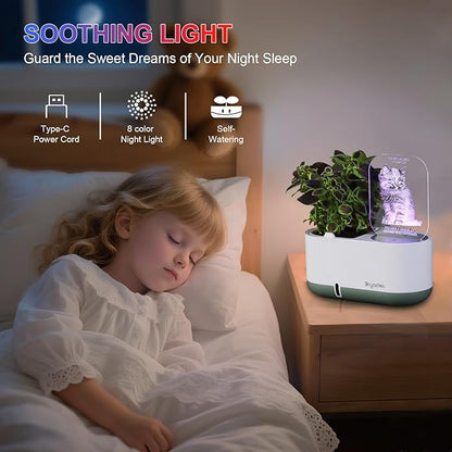 Self-Watering Plant Pot with LED Note Board & 7 Colors Pen Acrylic Message Board with Light Acrylic Dry Erase Board, Led Cat Board Night Light with Planting Pot for Children's Day Gifts(No Plant&Seed)