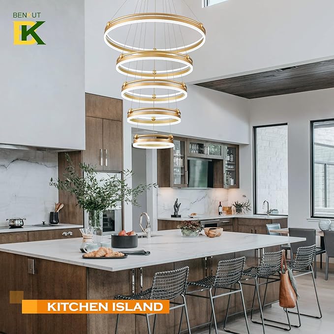 Benkut 5-Rings Modern LED Chandelier Gold Dimmable Large High Ceiling Chandeliers Foyer, Remote Pendant Lighting for Foyer Entryway Dining Room Living Room Staircase(10-Ring Lighting, D30in)
