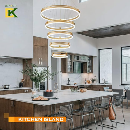 Benkut 5-Rings Modern LED Chandelier Gold Dimmable Large High Ceiling Chandeliers Foyer, Remote Pendant Lighting for Foyer Entryway Dining Room Living Room Staircase(10-Ring Lighting, D30in)