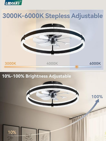 LEDIARY Ceiling Fans with Lights and Remote, 20'' Low Profile Ceiling Fan with Light, 3000-6000K Dimmable Fandelier Ceiling Fans, Modern Flush Mount Fan Light for Bedroom with 6 Wind Speeds- Black