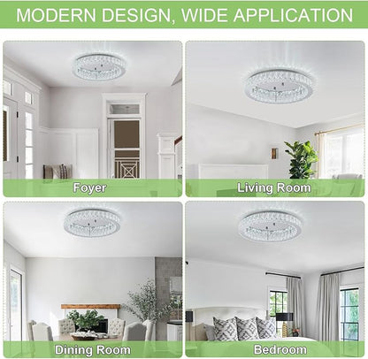 HOPGGIE 18" Crystal Chandelier LED Modern Chandelier Light Round Ring Flush Mount Ceiling Light Fixtures for Living Room Bedroom Dining Room (Cool White)
