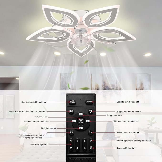 Ceiling Fans with Lights 20" Low Profile Flush Mount Fandelier Fan Lights Ceiling Fixtures with Remote/APP Control Dimmable 6 Speeds Reversible for Bedroom Chandelier Fan Living Room Kitchen