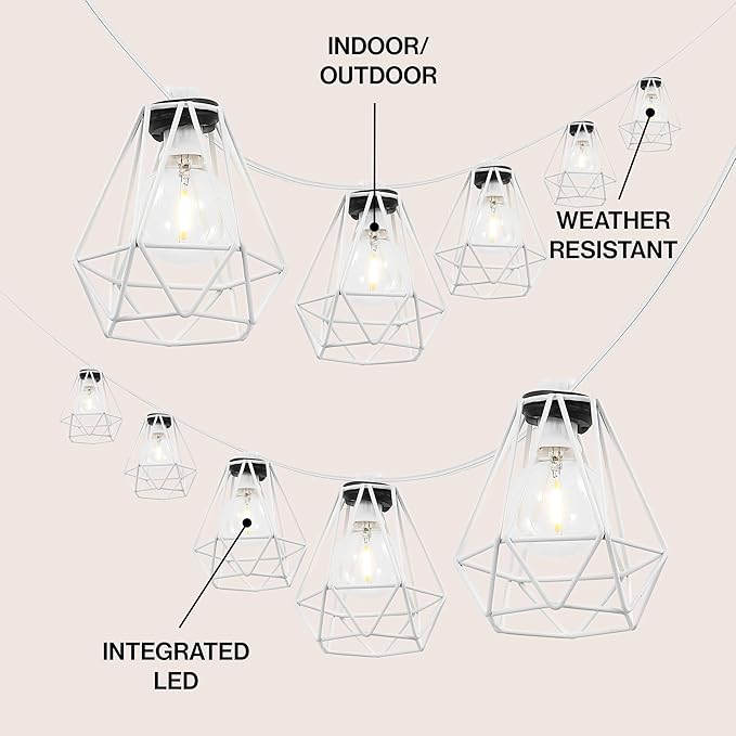 JONATHAN Y 10' White LED String Lights, 10-Light Indoor/Outdoor Set for Patio Deck, Modern Iron Diamond Cage Shade, Weather-Resistant, Connectable, UL Listed (JYL8705B)