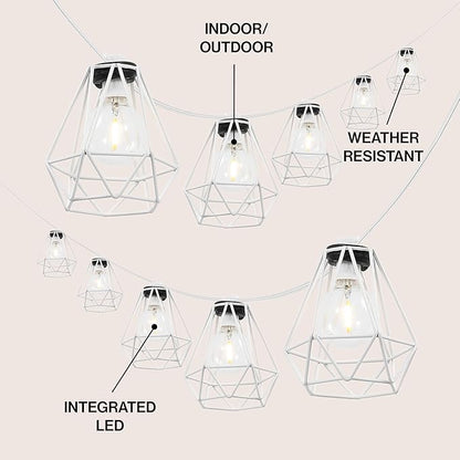 JONATHAN Y 10' White LED String Lights, 10-Light Indoor/Outdoor Set for Patio Deck, Modern Iron Diamond Cage Shade, Weather-Resistant, Connectable, UL Listed (JYL8705B)