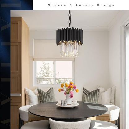 A AXILIXI Black Crystal Chandelier Small K9 Crystal Round Pendant Lights 11.8in Adjustable Modern Crystal Ceiling Pendant Light Fixture 3-Lights for Dining Room Living Room Kitchen Foyer Entryway