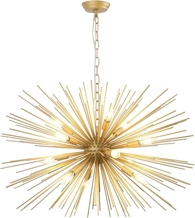 Modern 33.8in Gold Sputnik Chandeliers 12-Light Mid-Century Starburst Chandelier Light Fixture Solid Metal Satellite Large Chandelier for High Ceiling Dining Room Living Room Foyer E12
