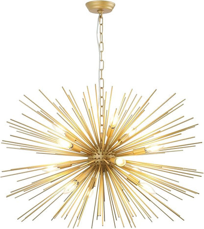 Modern 33.8in Gold Sputnik Chandeliers 12-Light Mid-Century Starburst Chandelier Light Fixture Solid Metal Satellite Large Chandelier for High Ceiling Dining Room Living Room Foyer E12