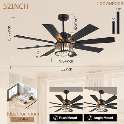 NKPU 52 Inch Farmhouse Crystal Ceiling Fans with Lights and Remote, Chandelier Industrial Ceiling Fan with Dual 8 Blades, 6 Speed Reversible Motor, Timing, Black Ceiling Fan for Living room Bedroom