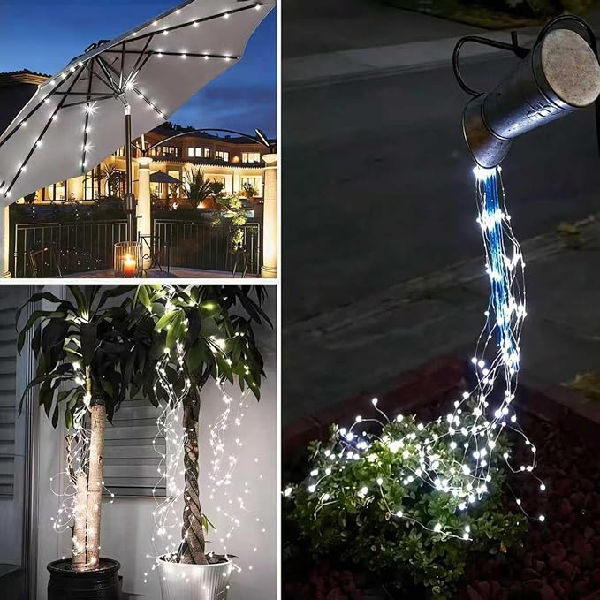 Solar Fairy Lights Outdoor White, Multi Strand 180 LEDs Watering Can String Light, Waterproof Solar Powered Waterfall Lights, Cool White Firefly Bunch Lights