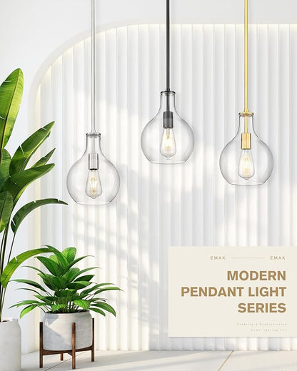 Emak 8 Inch Pendant Lights Kitchen Island, Modern Black Pendant Light with Clear Glass Shade, Farmhouse Hanging Light Fixture for Kitchen, Bathroom, Hallway, Dining Room, PL125-BK