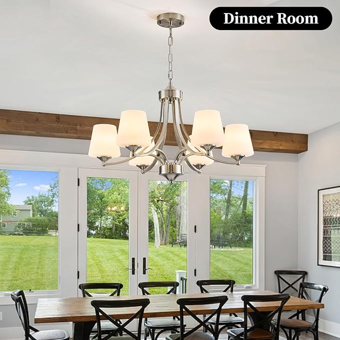 6-Light Brushed Nickel Chandeliers for Dining Room with Frosted Glass Farmhouse Silver Ceiling Hanging Lighting Fixtures Classic Pendant Lamp for Living Room,Dining Table,47.2 Height Adjustable