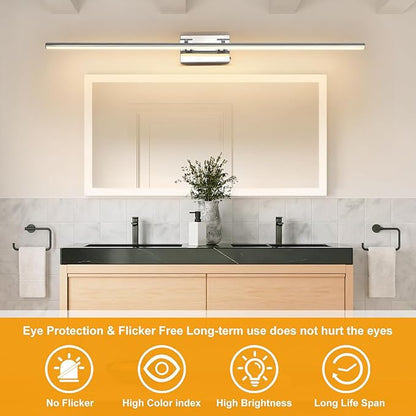 LED Bathroom Vanity Light, Modern Bathroom Light Fixture Over Mirror (3000K/4000K/6000K, Dimmable), Vanity Light Bar with Angle Adjustable, 48 Inch, Chrome