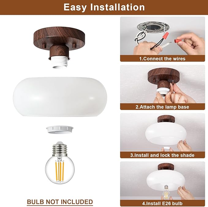 WOKNOS Mid-Century Modern Semi Flush Mount Ceiling Light, Faux Walnut Wood Kitchen Light Fixtures with Glass Shade, Mini White Close to Ceiling Lamp for Entryway Hallway Bathroom (8.66 Inch)