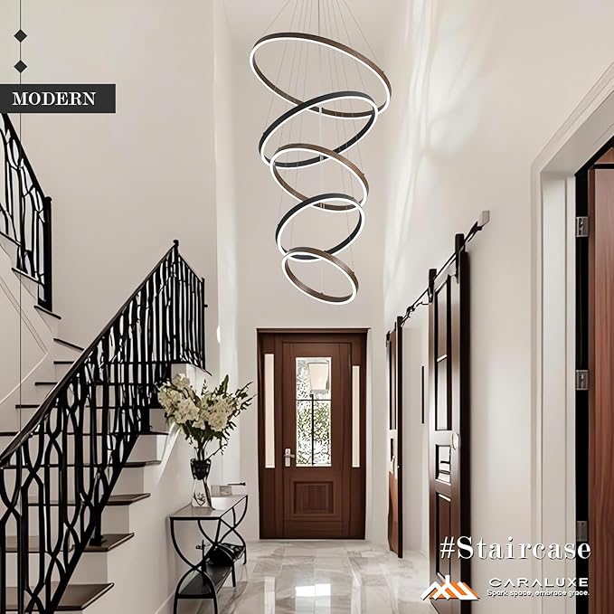 LED 5-Ring Chandelier for High Ceiling Foyer Chandelier with Remote Control Dimmable Circle Round Light Fixture Modern Wood & Black Ring Chandeliers for High Ceiling Living Room Entry, 100W