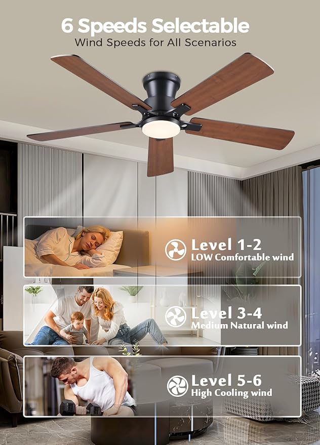 JSAITEE 52Inch Ceiling Fan with Lights and Remotes, Modern Smart Flush Mount Ceiling Fans,DC Reversible Motor, 3CCT Dimmable,Noiseless,Dual Finish, Brown 6 Speeds Ceiling Fan for Indoor/Outdoor