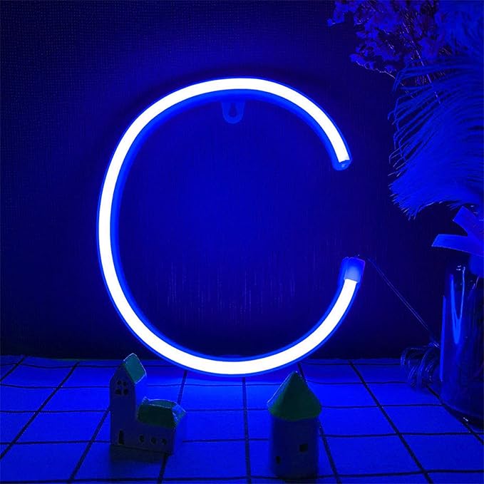 LED Letter Neon Lights 26 Alphabet Letter Signs Light Up Letters Sign Blue Wall Decor/Table Decor USB/Battery Powered Night Light Lamps for Wedding Birthday Party Christmas Home Bar Decoration (C)