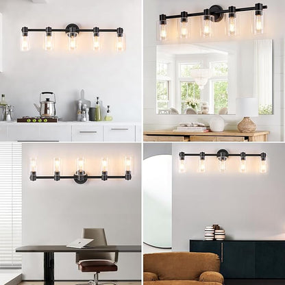 5 Light Bathroom Wall Light Fixtures Black Bathroom Wall Sconce with Clear Glass Lights Over Mirror Vanity Lights E26 Base