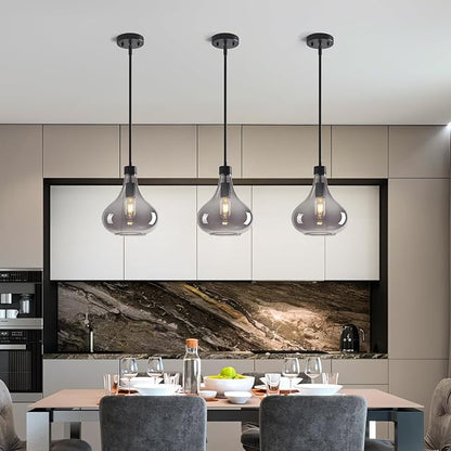 Modern Glass Pendant Light 9.44 in Smoke Gray Glass Shade Black Farmhouse Island Pendant Lights for Kitchen Pendant Lighting Over Sink Bedroom Dining Room