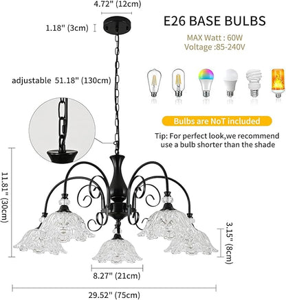 5-Light Chandeliers in Matte Black Finish with Crystal Glass Shades, Farmhouse Chandelier Light for Dining Room,Hallway,Kitchen