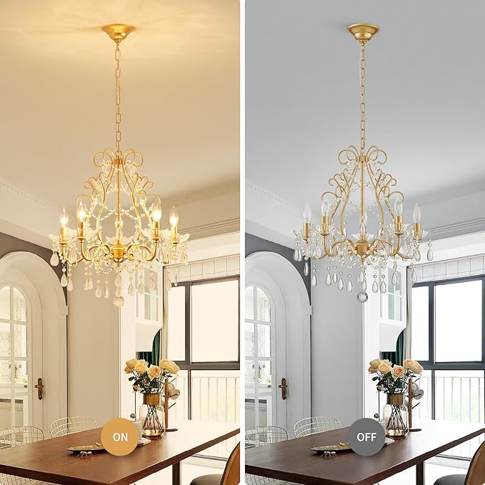 WUZUPS 5-Light Crystal Candle Chandelier Pendant Ceiling Light Modern Lighting Fixture for Bedroom Hallway Bar Kitchen Bathroom, H 23.2" W 20.7", E12 Base, Gold
