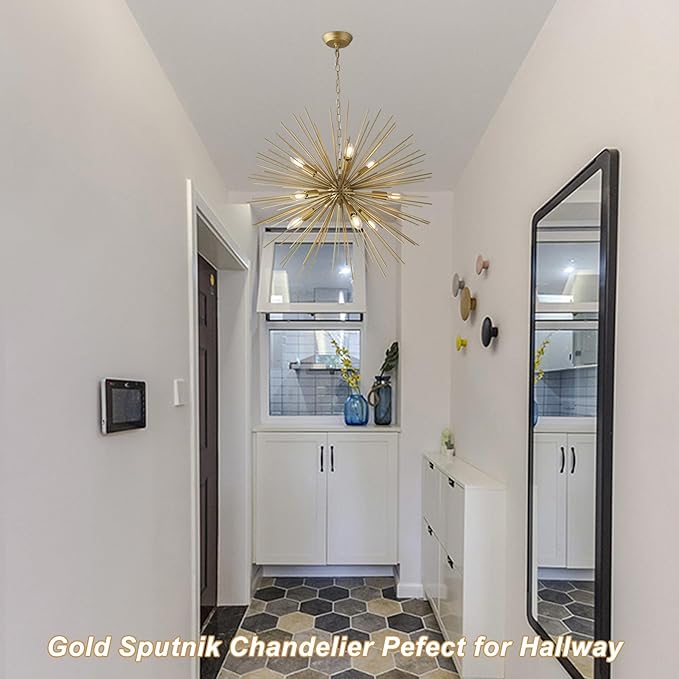 Modern 28.34" Gold Sputnik Chandelier 9-Light Mid-Century Starburst Chandeliers Solid Metal Satellite Firework Urchin Light Fixture for High Ceilings Dining Room Kitchen Living Room, E12