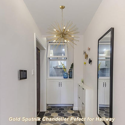 Modern 28.34" Gold Sputnik Chandelier 9-Light Mid-Century Starburst Chandeliers Solid Metal Satellite Firework Urchin Light Fixture for High Ceilings Dining Room Kitchen Living Room, E12