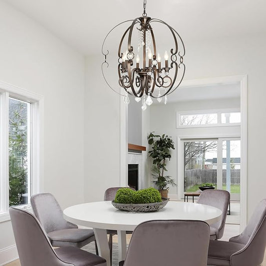 Oil-Rubbed Bronze Crystal Chandeliers for Dining Room Light Fixture, 6-Light 26 Inch Sphere Vintage Chandelier for Kitchen Island, Living Room, Foyer, Staircase, Entry, Villa