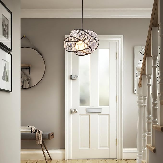 Modern Crystal Chandelier Light Fixure Mid Century Modern Geometric Black Ring Chandelier Vintage Small Crystal Black Chandeliers for Dining Room, Kitchen Island, Bedroom, Foyer