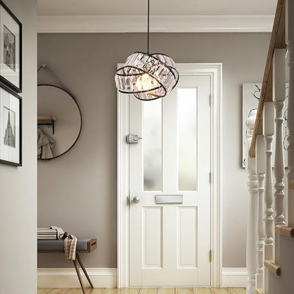 Modern Crystal Chandelier Light Fixure Mid Century Modern Geometric Black Ring Chandelier Vintage Small Crystal Black Chandeliers for Dining Room, Kitchen Island, Bedroom, Foyer