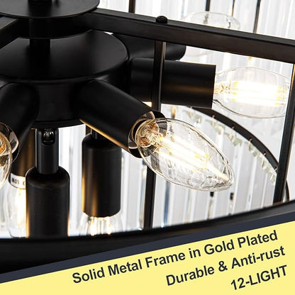 12 Lights 23.64" Black Modern Crystal Chandelier Crystal Pendant Ceiling Light Fixture 3-Tier Hanging Lighting for Dinning Room Bedroom Living Room Foyer