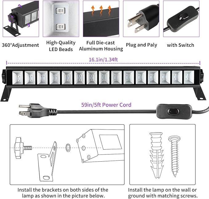 30W Black Light Bar, 30 LEDs, Blacklight Flood Light with Switch, Plug and 5ft Cable, Light Up 20x20ft, for Body Paint, Black Party, Halloween