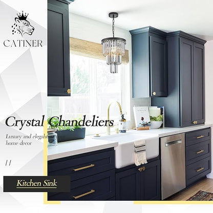CATINER 3 Tiers Black Crystal Pendant Light, Mini Smoke Gray K9 Crystal Chandelier Modern Pendant Light Fixture for Kitchen Island Dining Room Hallway Bedroom Closet