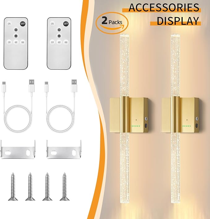 28” Battery Operated Wall Sconces Set of 2, 8000mAh Rechargeable Battery Powered Wall Light with No Hardwired, Extra Large Dimmable Led Lamp Fixtures for Bathroom Cabinet Study Room, Gold