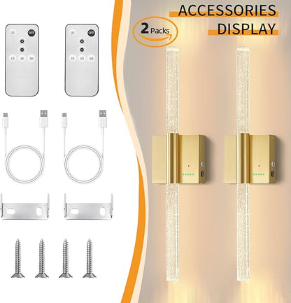 28” Battery Operated Wall Sconces Set of 2, 8000mAh Rechargeable Battery Powered Wall Light with No Hardwired, Extra Large Dimmable Led Lamp Fixtures for Bathroom Cabinet Study Room, Gold