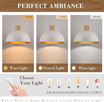White Pendant Light, 16" Wood Dome Pendant Lights Fixtures Adjustable Large Modern Hanging Lighting, for Kitchen Island Dining Room Farmhouse Bar Restaurant
