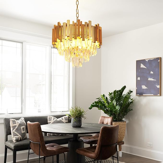 Depuley Modern Gold Crystal Chandelier: 5-Light 3-Tier Flush Mount Chandelier 12 Inch Luxury Round Hanging Pendant Light Fixture for Porch Bedroom Dining Room Foyer Included Bulbs