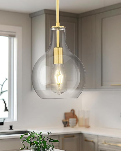 Emak Modern Brushed Gold Pendant Light, 8 Inch Pendant Lights Kitchen Island with Clear Glass Shade, Modern Hanging Light Fixture for Kitchen, Bathroom, Bedroom, Dining Room, PL125-BGD