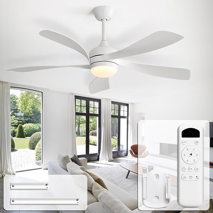 CACI Mall 52 inch White Ceiling Fans with Lights, Remote Control, Low Profile, Modern, Outdoor Ceiling Fan with with 5 Blades, Quiet Reversible DC Motor for Living Room, Bedroom, Patios
