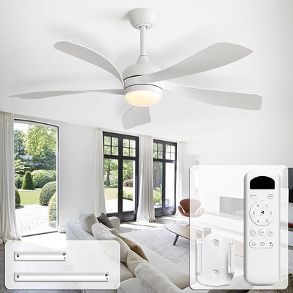 CACI Mall 52 inch White Ceiling Fans with Lights, Remote Control, Low Profile, Modern, Outdoor Ceiling Fan with with 5 Blades, Quiet Reversible DC Motor for Living Room, Bedroom, Patios