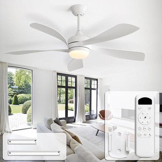 CACI Mall 52 inch White Ceiling Fans with Lights, Remote Control, Low Profile, Modern, Outdoor Ceiling Fan with with 5 Blades, Quiet Reversible DC Motor for Living Room, Bedroom, Patios
