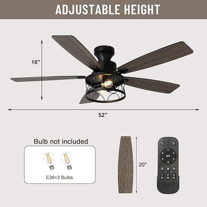 52'' Flush Mount Ceiling Fan with Light, Farmhouse Low Profile Ceiling Fan with Remote, 6-Speed Quiet Reversible DC Motor, 3 Clear Glass Lights, Timer Function, for Bedroom Living Room Kitchen