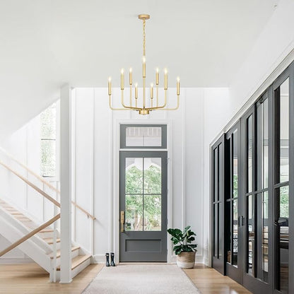 Gold Chandeliers for Dining Room Light Fixture Over Table, Modern Farmhouse Chandeliers for Living Room,9-Lights Industrial Metal Candle Lighting Fixtures for Entryway Kitchen Island Foyer