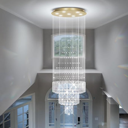 Flashing God D24''XH86'' Modern Foyer Chandelier for High Ceiling Raindrop Crystal Chandelier High Ceiling Pendant Light Fixture for Hallway Living Room (Gold Staircase Chandeliers)